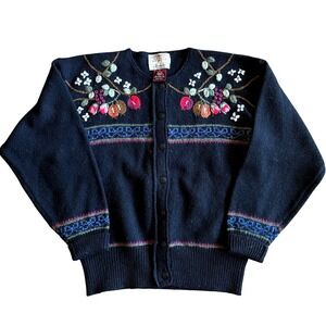 Susan Bristol Sweater Womens Medium Black Floral Embroidered Wool Cardigan